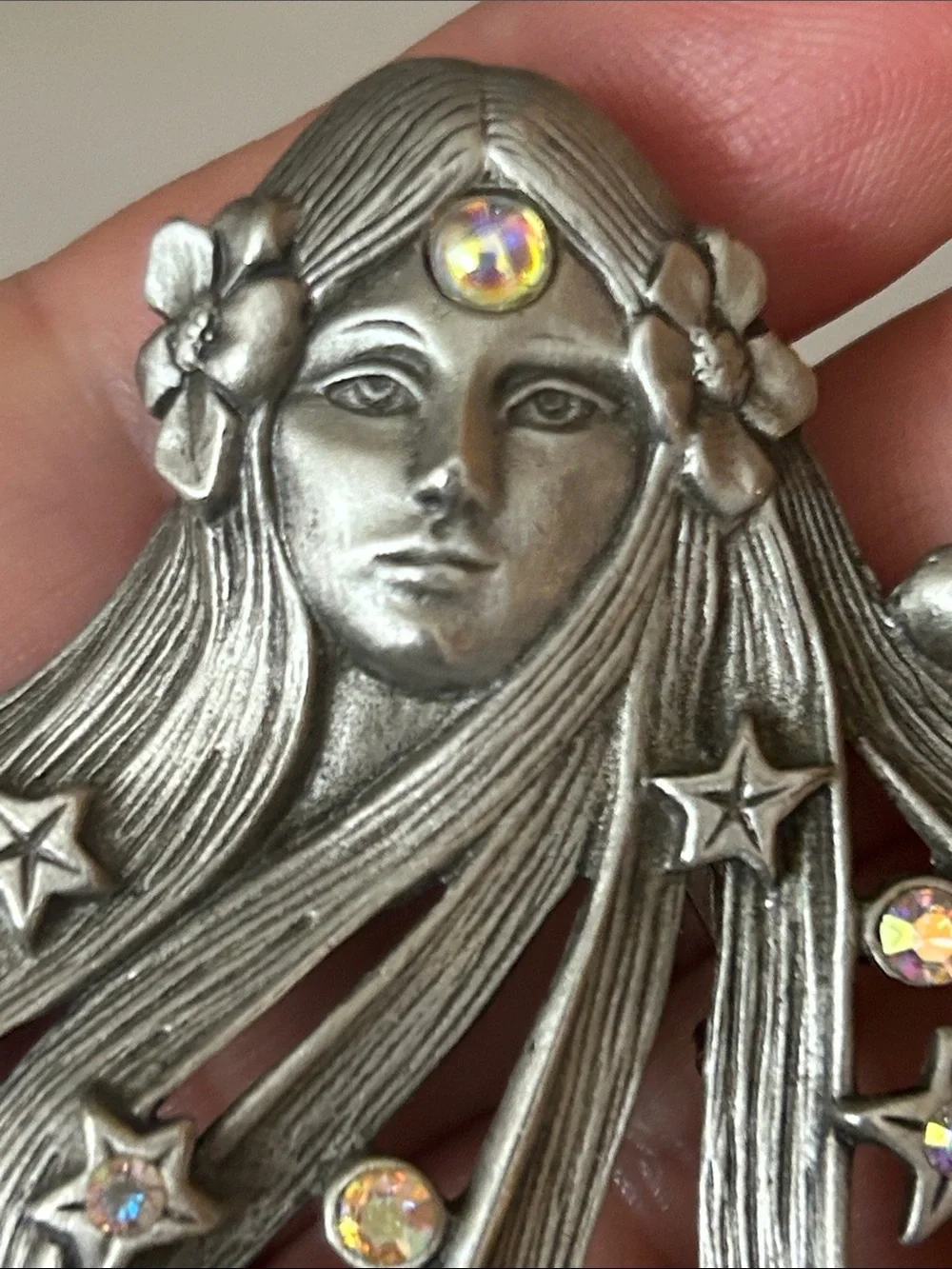 Vintage Signed JJ Pewter AB Rhinestone Boho Art Nouveau Brooch